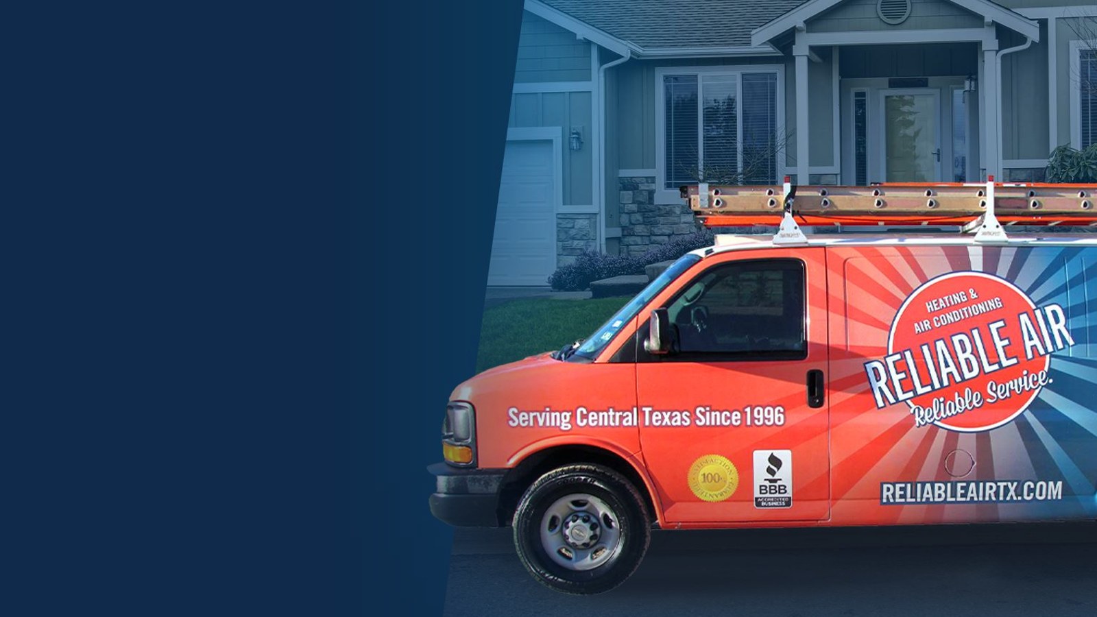 A Reliable Air work van at a Central Texas home, serving the area since 1996